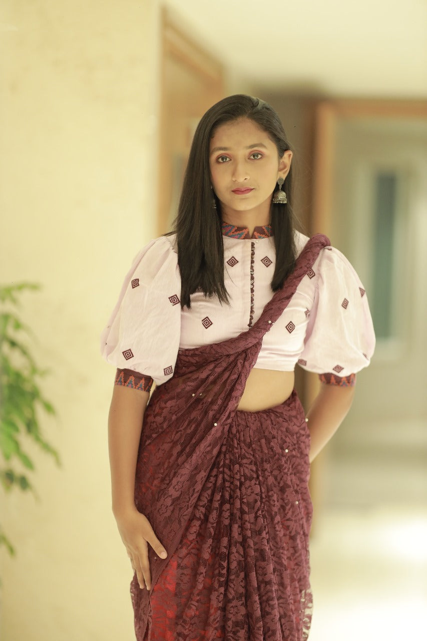 MANDARIN NECK BALLOON SLEEVE BLOUSE
